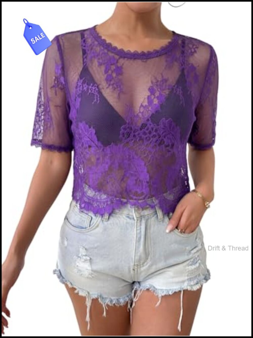 Sheer Lace Crop Top Short Sleeve Going Out Blouse